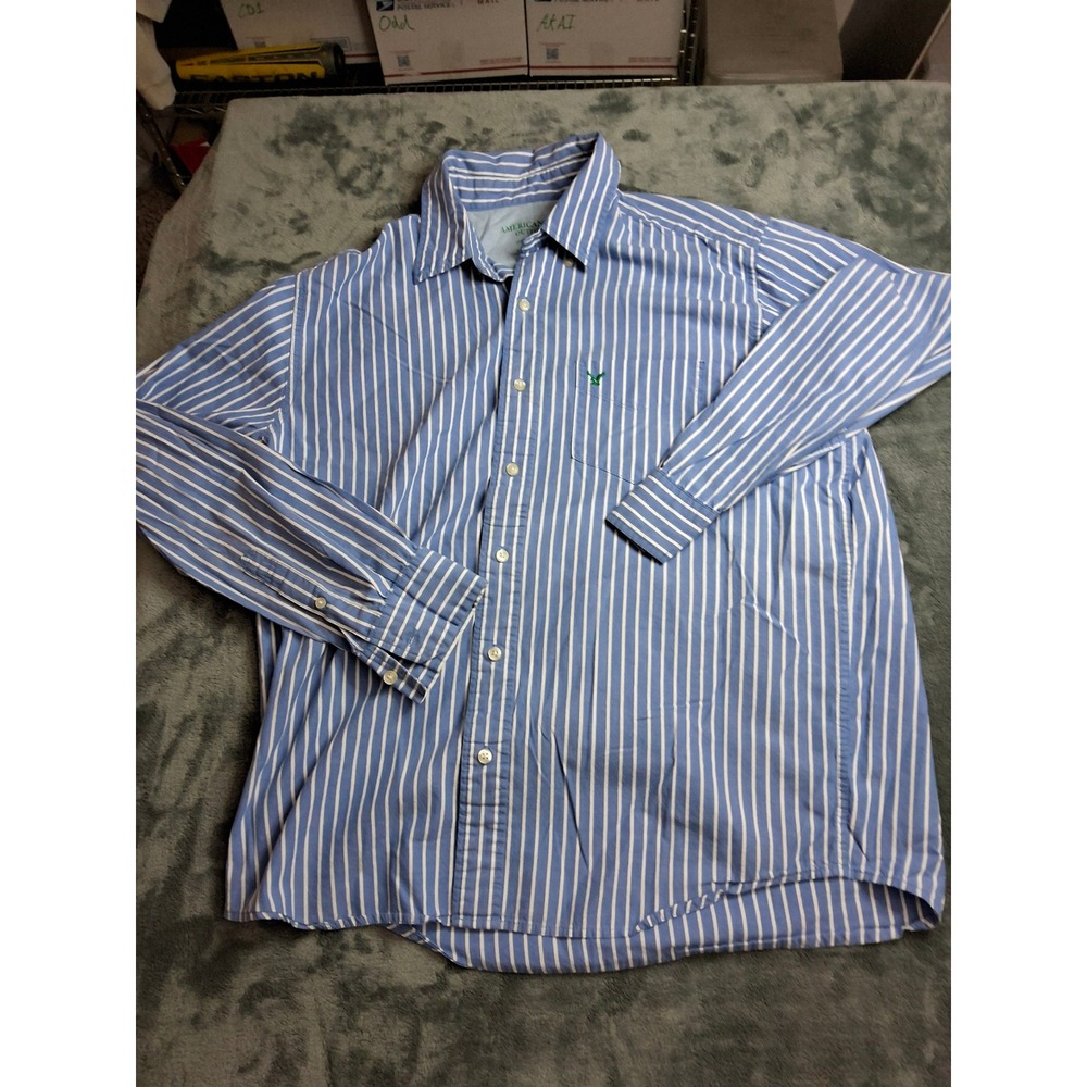 American Eagle Outfitters Mens Blue White Striped Button Down Shirt Large‎ L